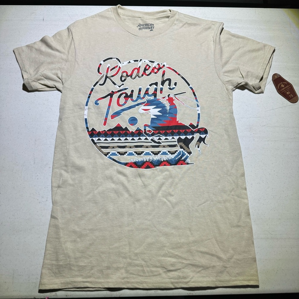 NWT AMERICAN HIGHWAY RODEO TOUGH CREAM T-SHIRT SZ SMALL S